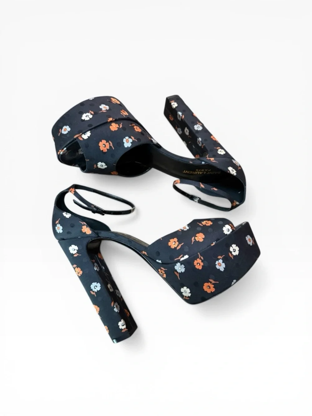 Saint Laurent Jodie 125 Floral Platform Heels Sandals in Black Silk EU 40 US 10 - Picture 12 of 16